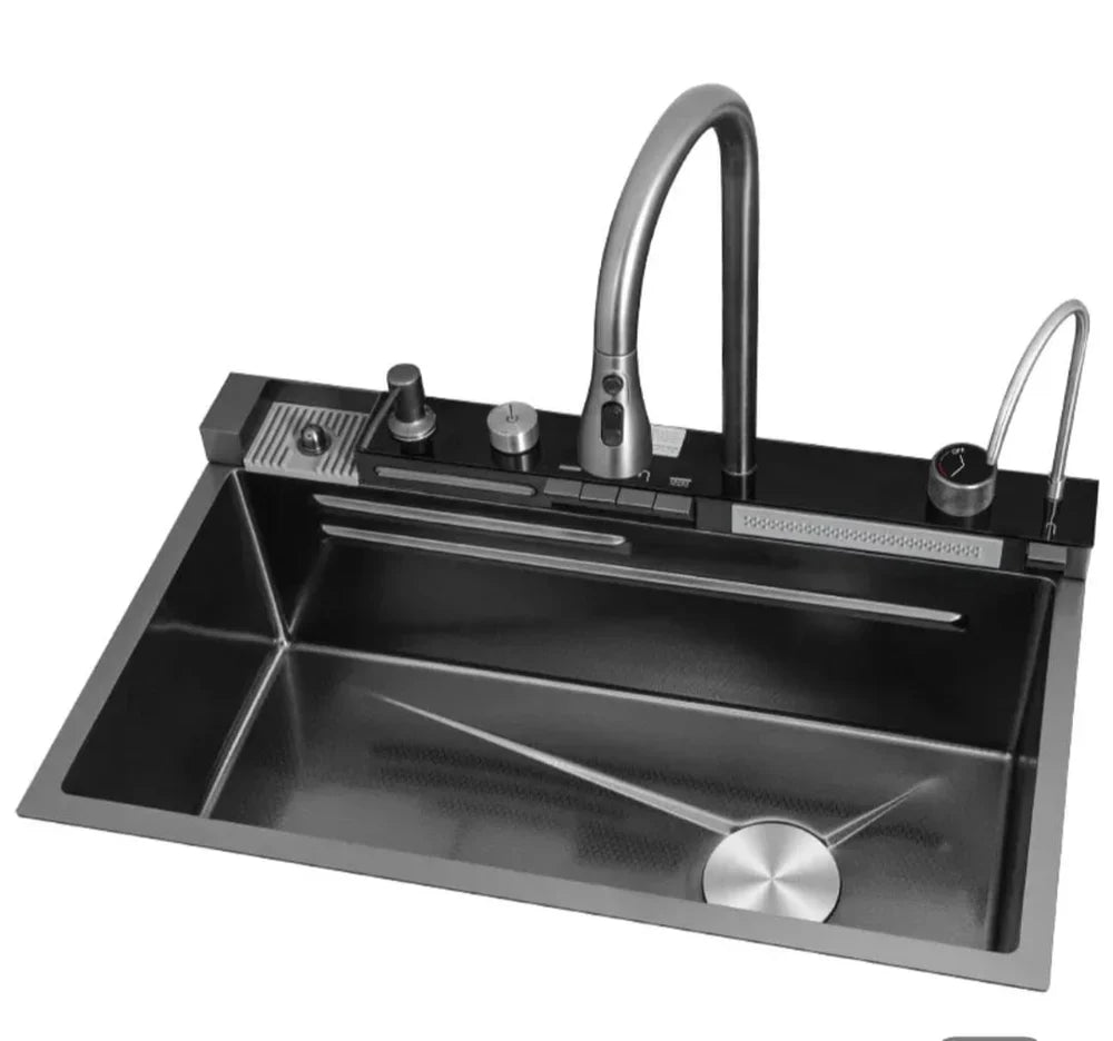 Chiuveta Bucătărie Multifunctionala Negru Grafit cu 2 Cascade, Robinet Cascada, Afisaj Digital Temperatura