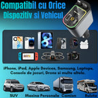 Încărcător Auto Retractabil 4-in-1 Fast Charge, 2 Cabluri Retractabile Lightning & Type-C, Iluminare RGB