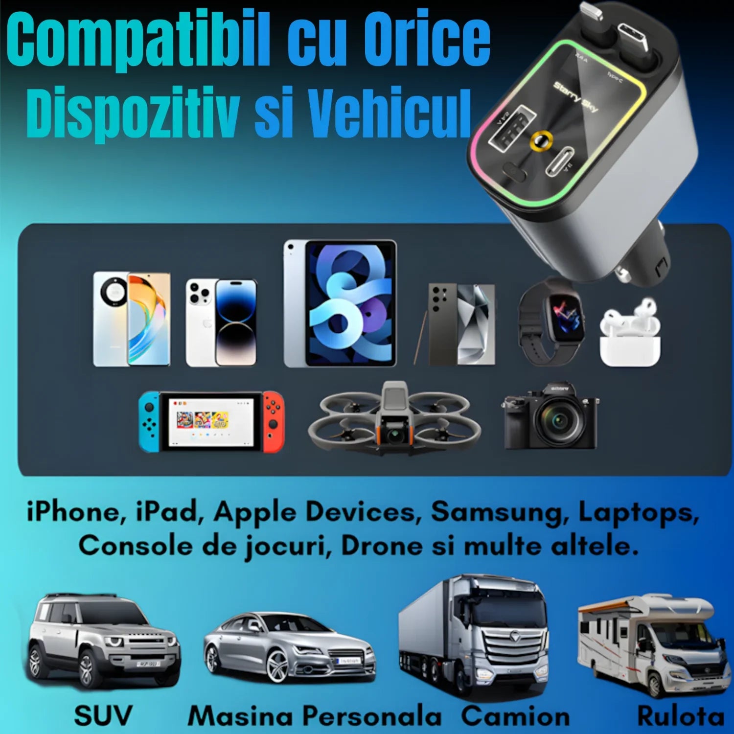 Încărcător Auto Retractabil 4-in-1 Fast Charge, 2 Cabluri Retractabile Lightning & Type-C, Iluminare RGB