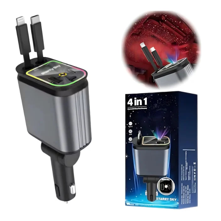Încărcător Auto Retractabil 4-in-1 Fast Charge, 2 Cabluri Retractabile Lightning & Type-C, Iluminare RGB