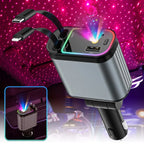 Încărcător Auto Retractabil 4-in-1 Fast Charge, 2 Cabluri Retractabile Lightning & Type-C, Iluminare RGB