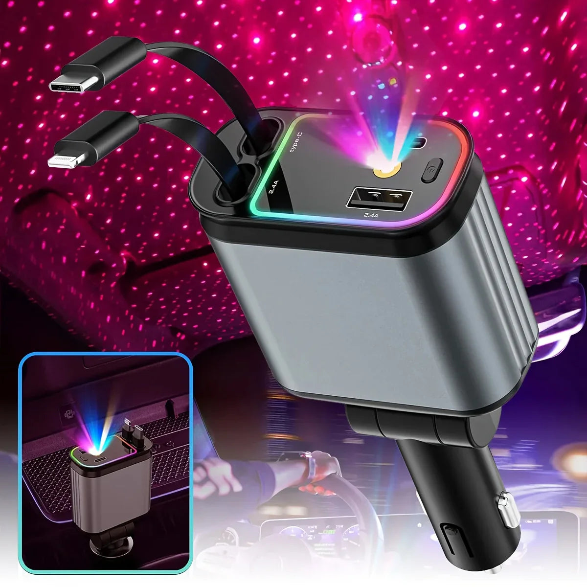 Încărcător Auto Retractabil 4-in-1 Fast Charge, 2 Cabluri Retractabile Lightning & Type-C, Iluminare RGB