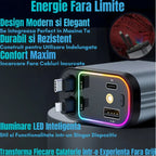 Încărcător Auto Retractabil 4-in-1 Fast Charge, 2 Cabluri Retractabile Lightning & Type-C, Iluminare RGB