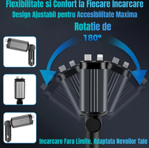 Încărcător Auto Retractabil 4-in-1 Fast Charge, 2 Cabluri Retractabile Lightning & Type-C, Iluminare RGB