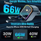 Încărcător Auto Retractabil 4-in-1 Fast Charge, 2 Cabluri Retractabile Lightning & Type-C, Iluminare RGB