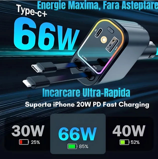 Încărcător Auto Retractabil 4-in-1 Fast Charge, 2 Cabluri Retractabile Lightning & Type-C, Iluminare RGB
