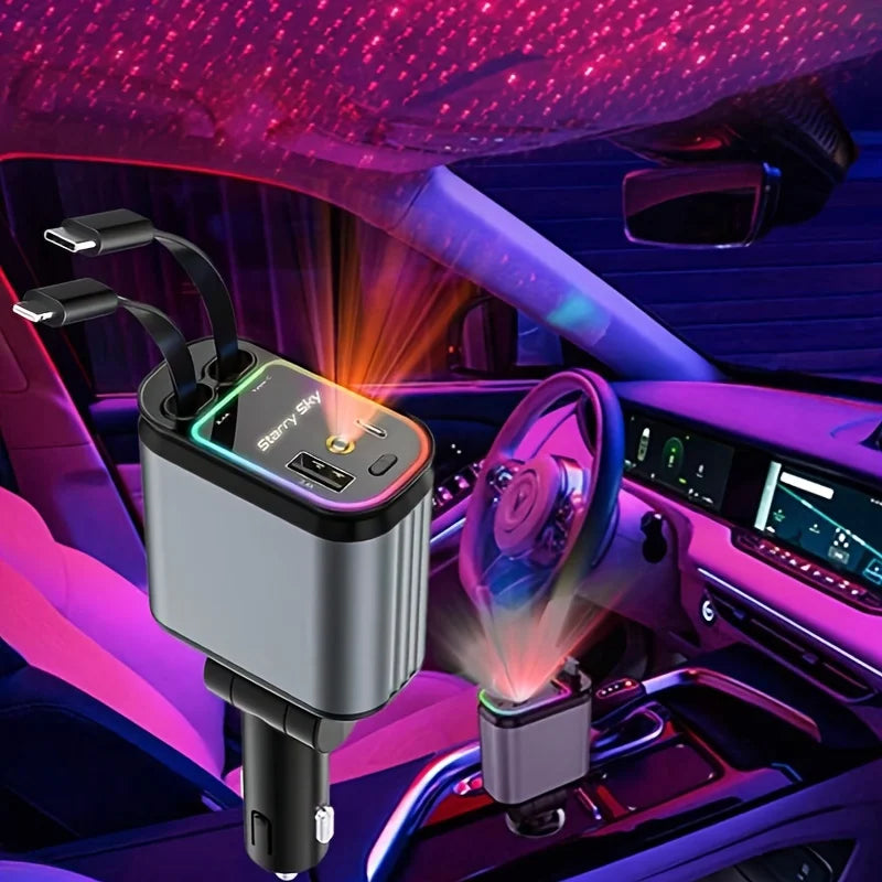 Încărcător Auto Retractabil 4-in-1 Fast Charge, 2 Cabluri Retractabile Lightning & Type-C, Iluminare RGB