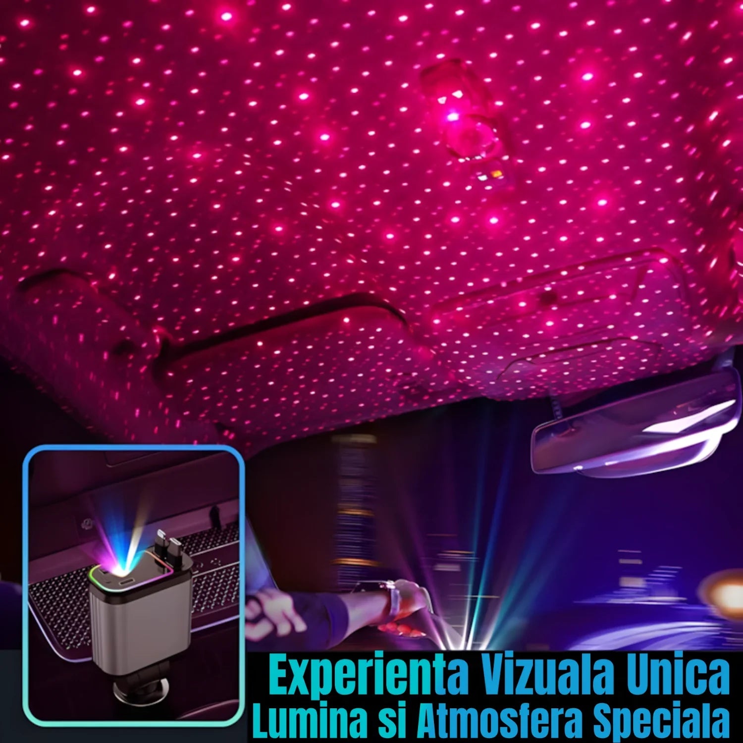 Încărcător Auto Retractabil 4-in-1 Fast Charge, 2 Cabluri Retractabile Lightning & Type-C, Iluminare RGB