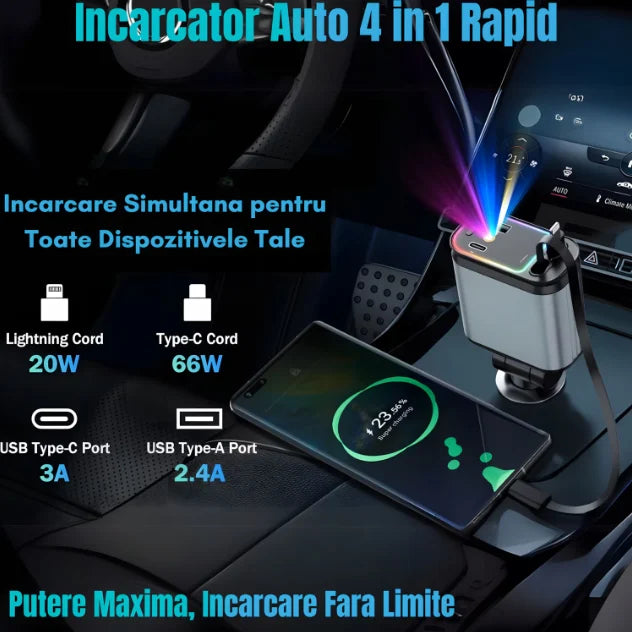 Încărcător Auto Retractabil 4-in-1 Fast Charge, 2 Cabluri Retractabile Lightning & Type-C, Iluminare RGB