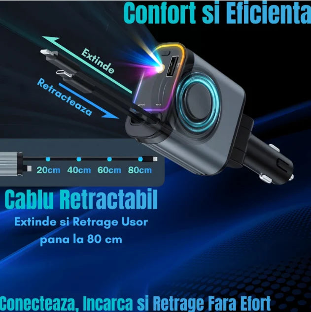 Încărcător Auto Retractabil 4-in-1 Fast Charge, 2 Cabluri Retractabile Lightning & Type-C, Iluminare RGB