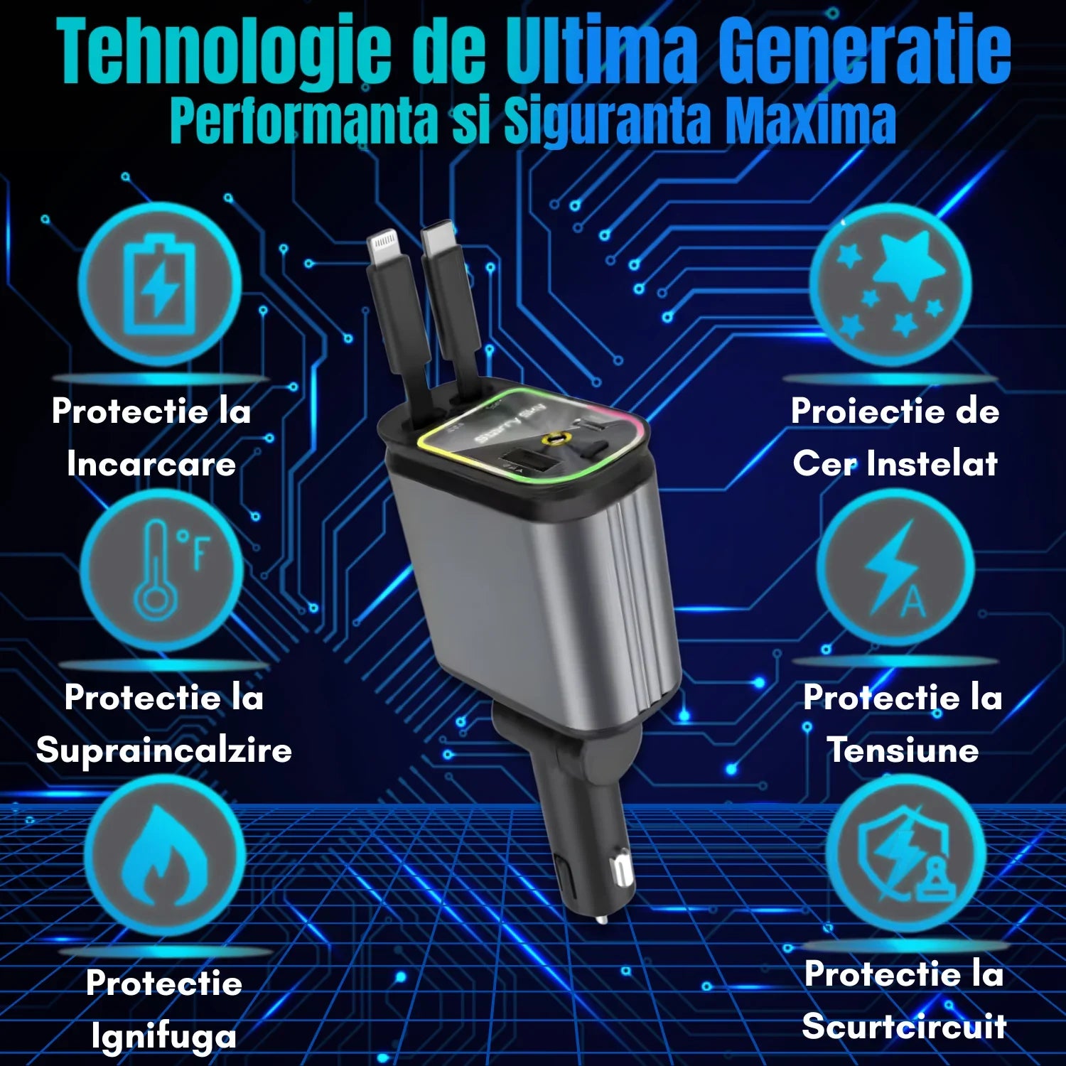 Încărcător Auto Retractabil 4-in-1 Fast Charge, 2 Cabluri Retractabile Lightning & Type-C, Iluminare RGB
