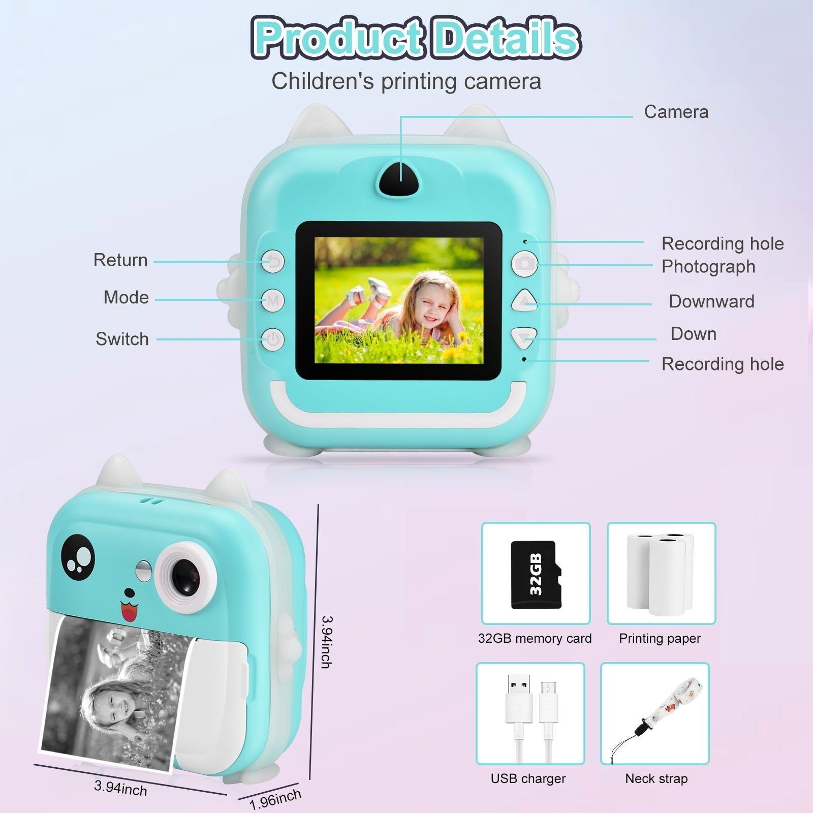 Aparat foto digital cu imprimare termica pentru copii, focalizare automata, display color de 2