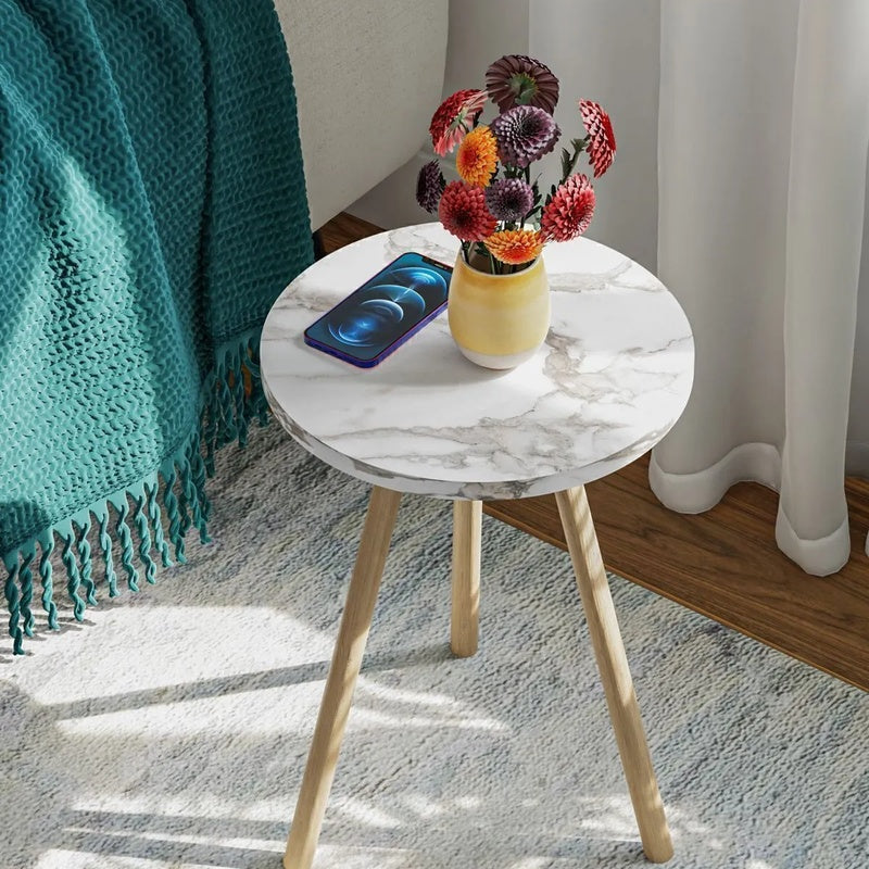 Masuta decorativa rotunda cu picioare din lemn, stil scandinav, 34x34x45 cm Imagine secundară a produsului