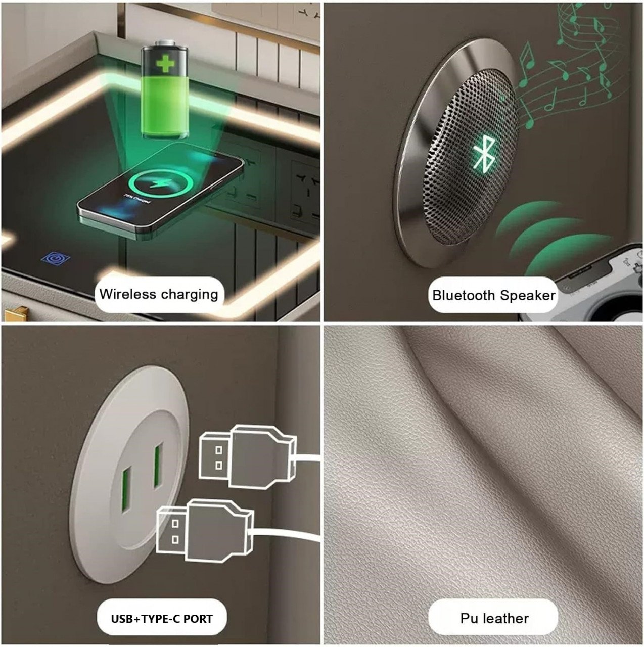 Noptiera Smart Multifunctionala, iluminare LED tactil cu 3 culori, incarcare wireless si USB