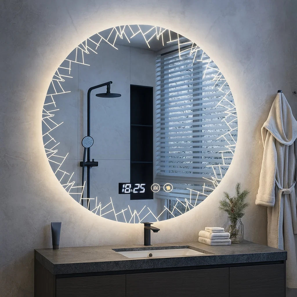 Oglindă LED baie cu dezaburire, ceas si termometru, 80cm