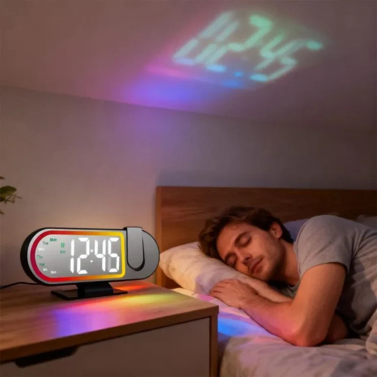 Ceas digital cu proiectie, design minimalist si futurist, afisaj LED