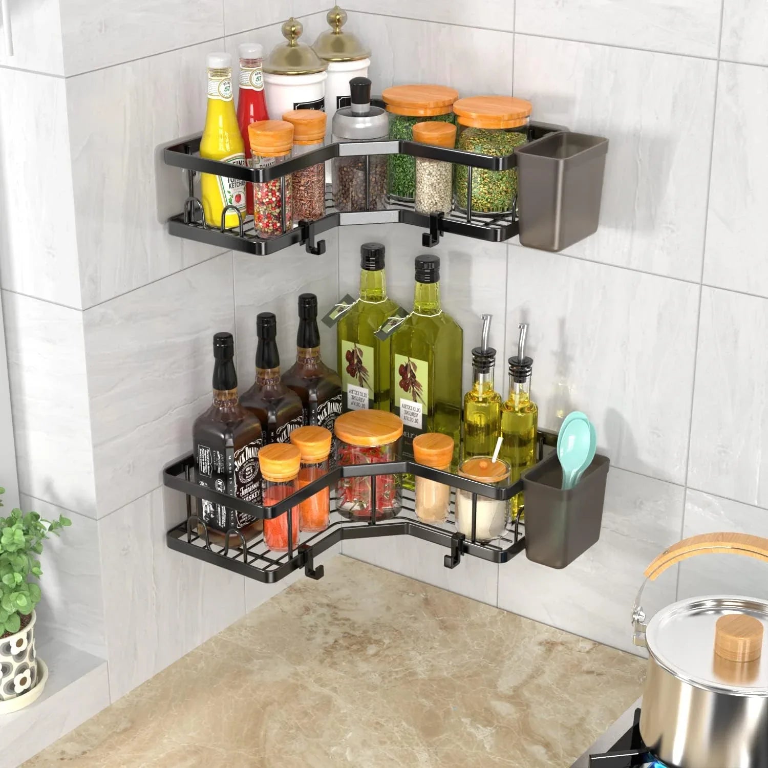 Set 2 rafturi de colt pentru baie sau Bucătărie, 5 piese, cu suport pentru periuta si pasta de dinti