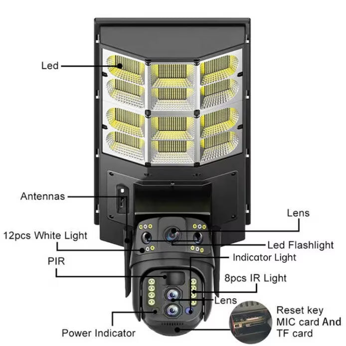 Lampă Solara cu Cameră de supraveghere SIM 4G, Aplicatie Mobila V380, 1920x2160, Microfon + Difuzor incorporat