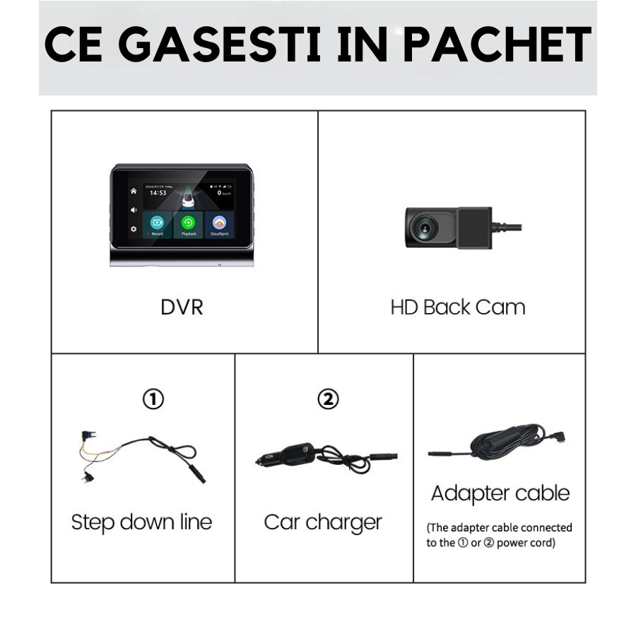 Camera video auto DVR 2K, cartela SIM 4G, monitorizare parcare 24h