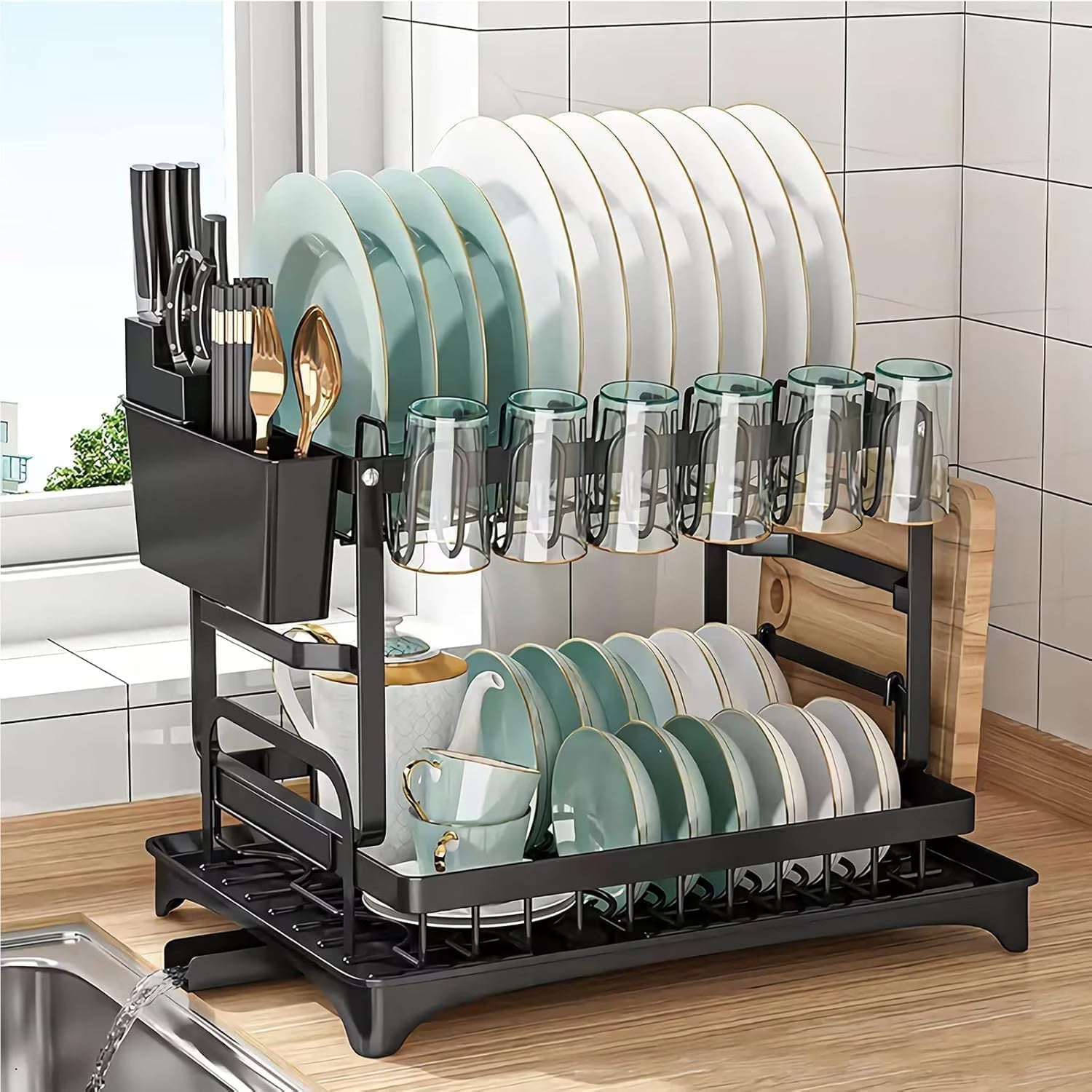 Scurgator vase, design auto-draining, organizator compact, negru, 42x29x29cm Imagine secundară a produsului