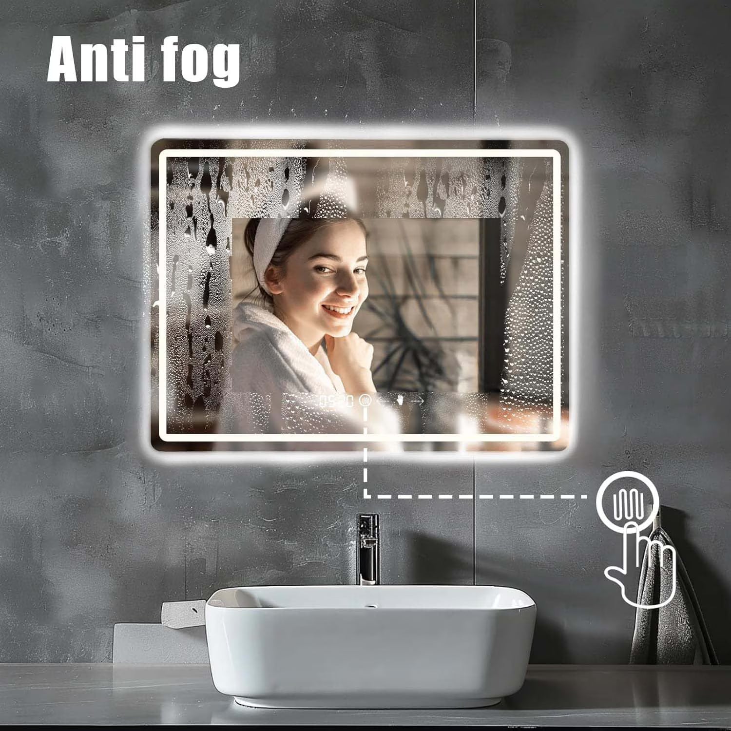 Oglindă LED pentru baie 60x80 cm, sistem Dezaburire, Senzor Touch, Ceas, Trei Tipuri de Lumina