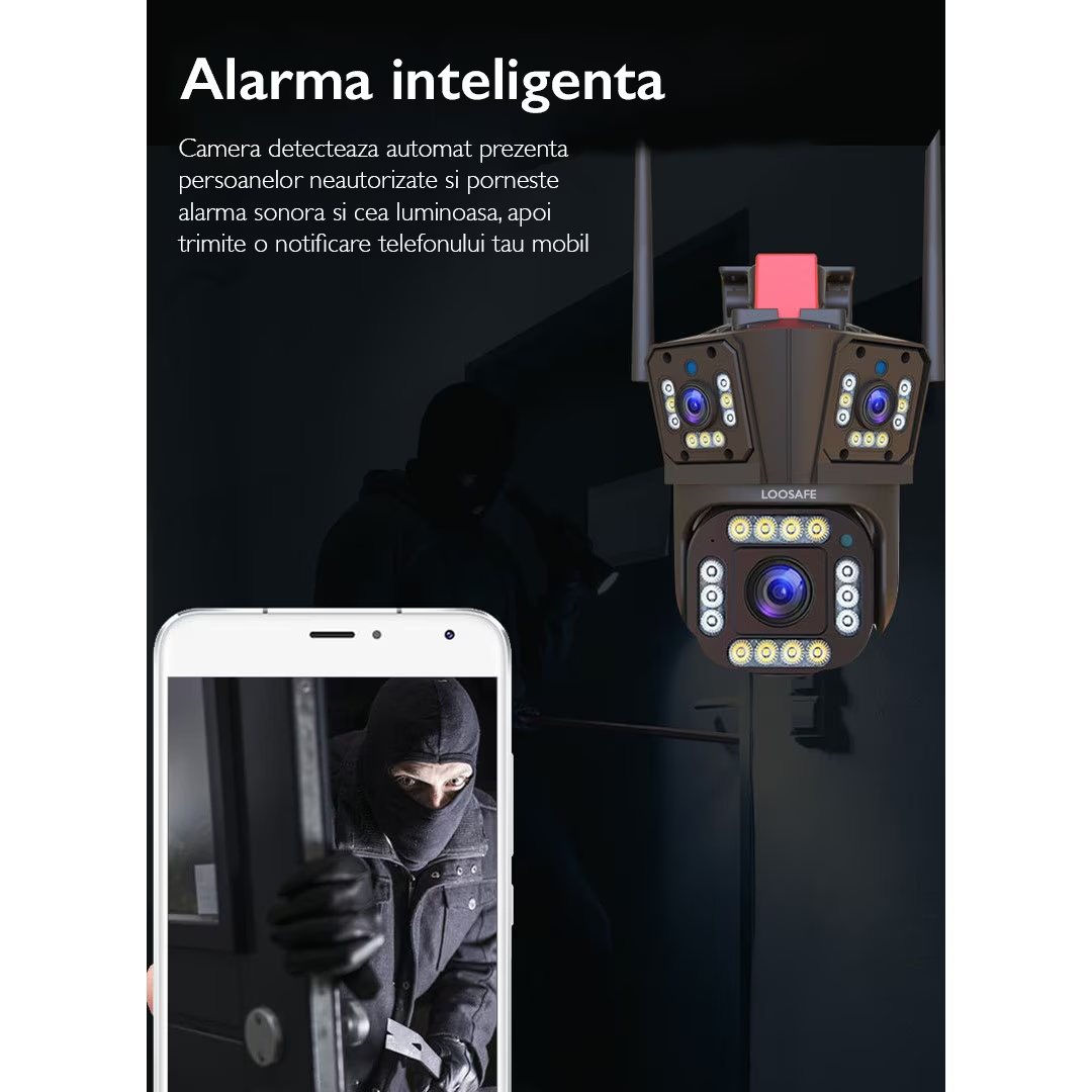 Cameră de supraveghere Tripla WIFI, 12MP, Exterior/Interior