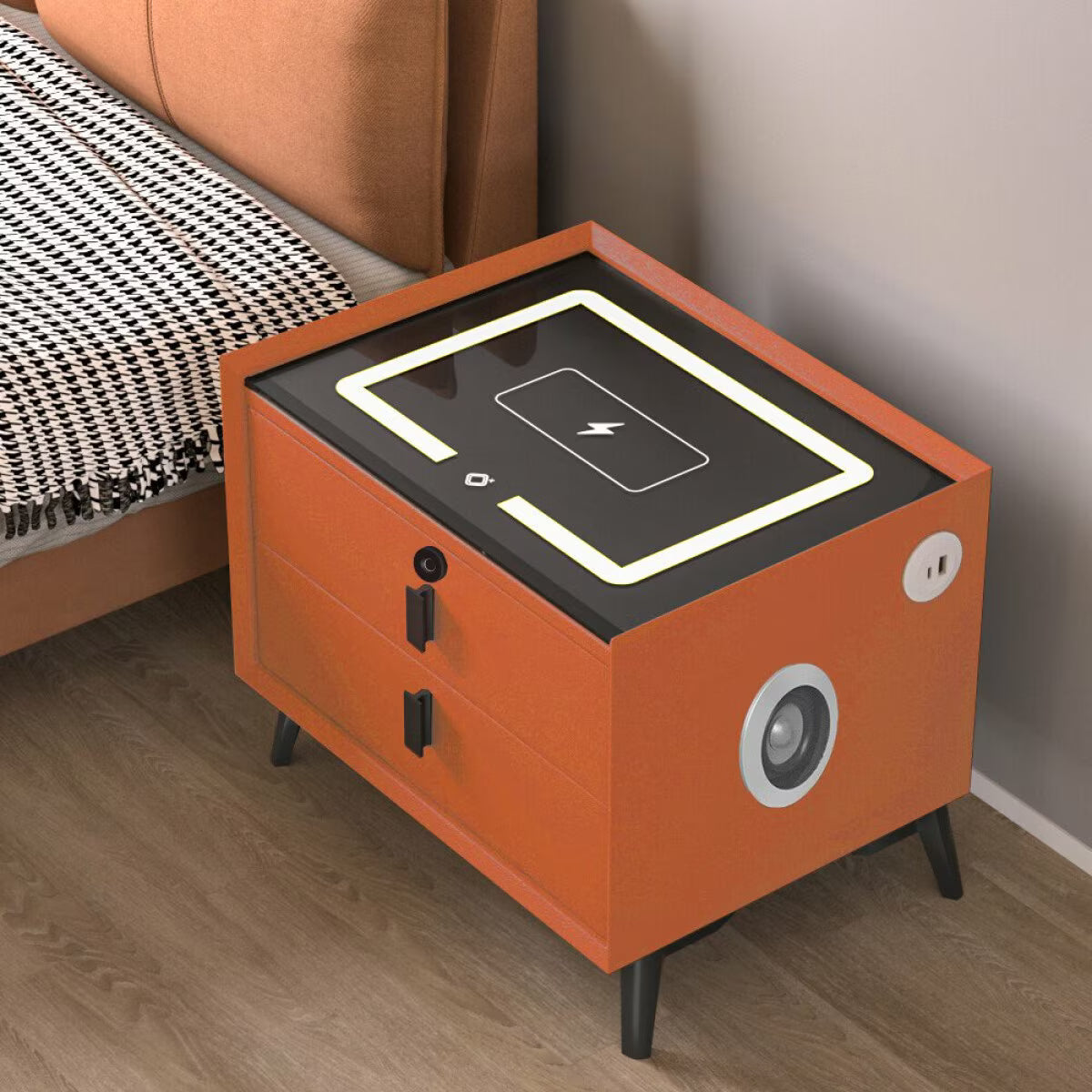 Noptiera Smart Multifunctionala, iluminare LED tactil cu 3 culori, incarcare wireless si USB