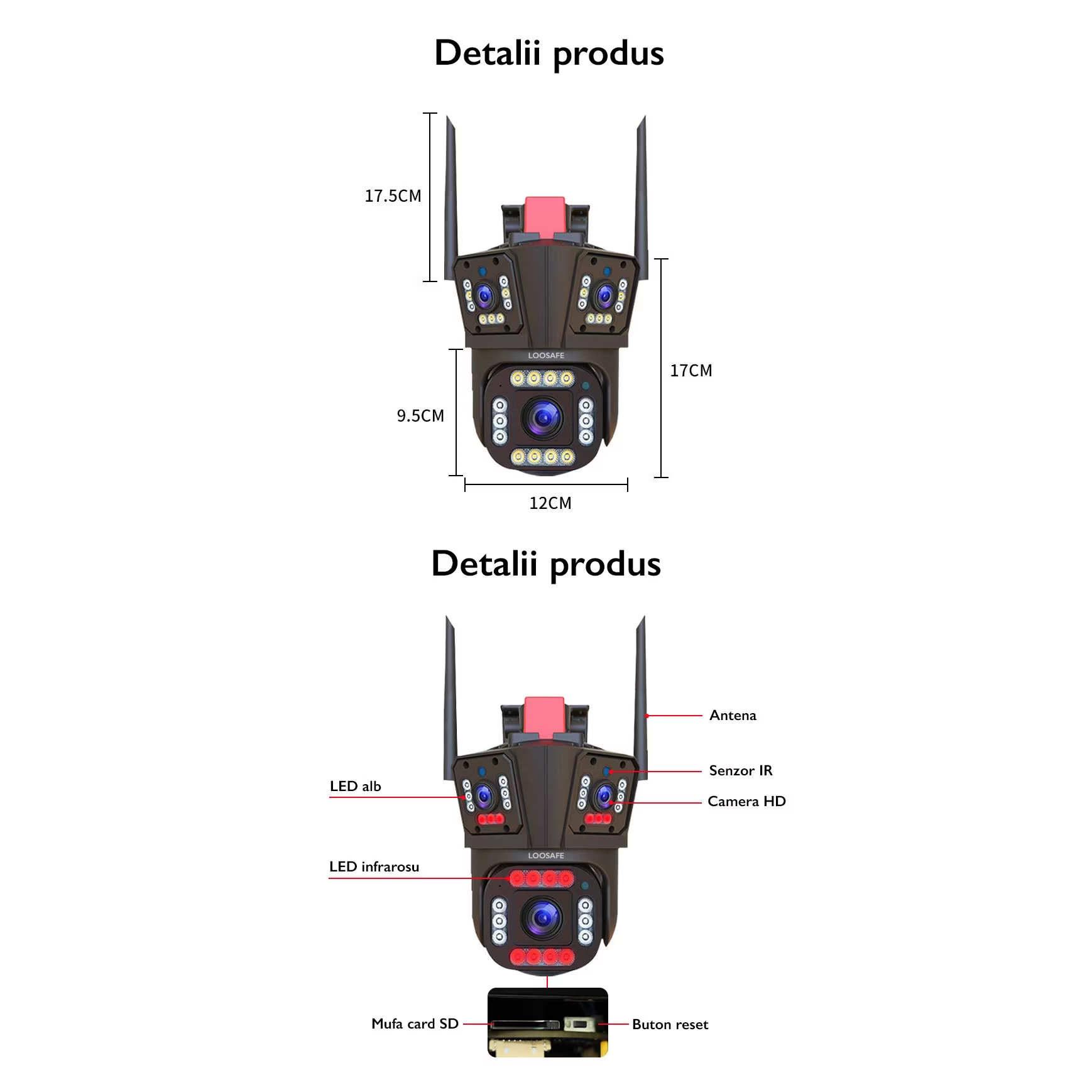 Cameră de supraveghere Tripla WIFI, 12MP, Exterior/Interior