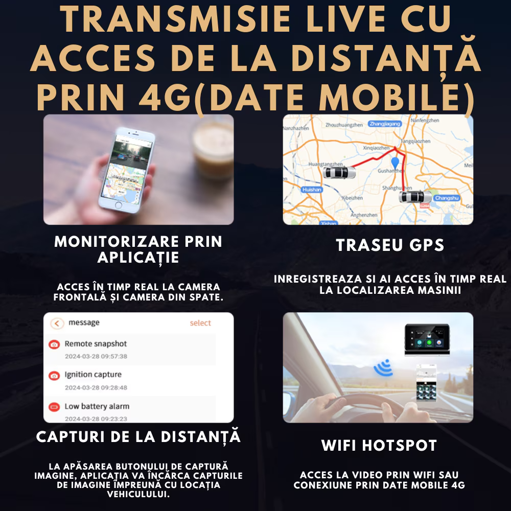 Camera video auto DVR 2K, cartela SIM 4G, monitorizare parcare 24h