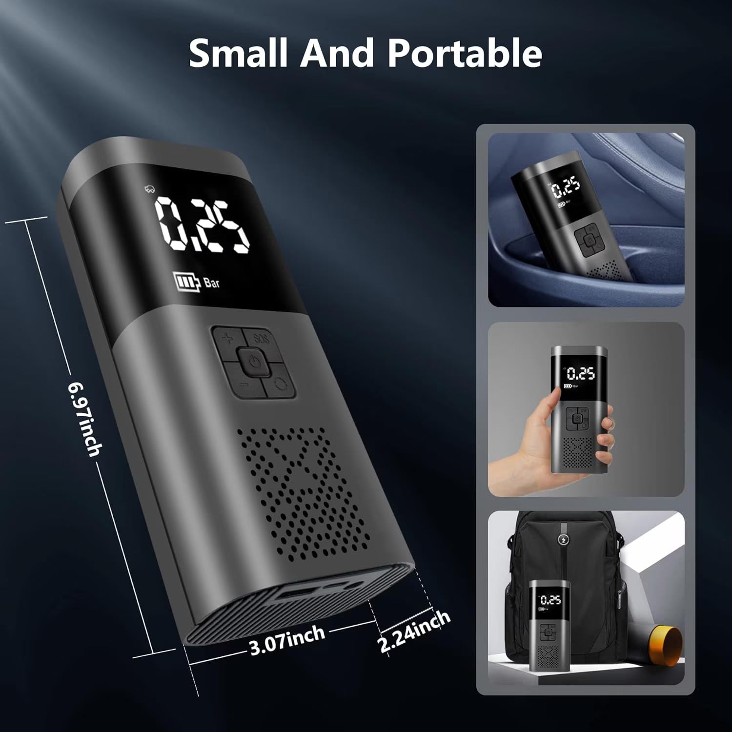Compresor Auto Portabil, 3 in 1, Baterie 6000mAh Tip Powerbank