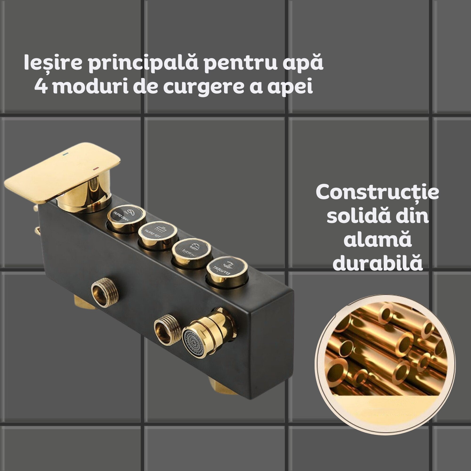 Coloana de dus premium cu 4 functii, baterie, cap dus patrat tip ploaie