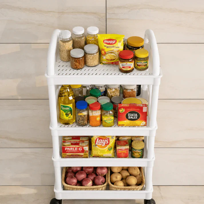 Raft organizator cu 4 niveluri, mobil, multifunctional, cu roti si accesorii incluse 97x25, 5x34, 5 cm
