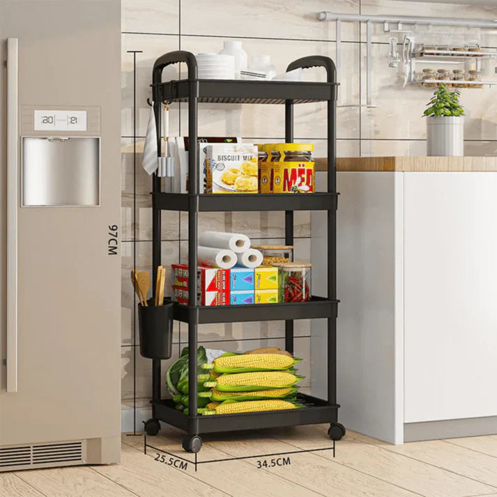 Raft organizator cu 4 niveluri, mobil, multifunctional, cu roti si accesorii incluse 97x25, 5x34, 5 cm