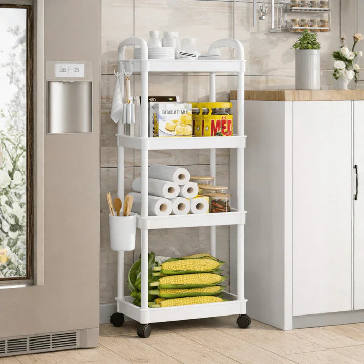 Raft organizator cu 4 niveluri, mobil, multifunctional, cu roti si accesorii incluse 97x25, 5x34, 5 cm Imagine principală a produsului