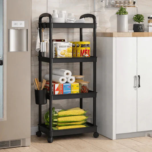 Raft organizator cu 4 niveluri, mobil, multifunctional, cu roti si accesorii incluse 97x25, 5x34, 5 cm
