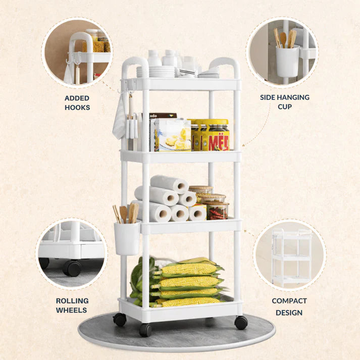 Raft organizator cu 4 niveluri, mobil, multifunctional, cu roti si accesorii incluse 97x25, 5x34, 5 cm