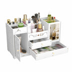 Organizator cosmetice si bijuterii cu sertare si Oglindă machiaj, PVC, alb