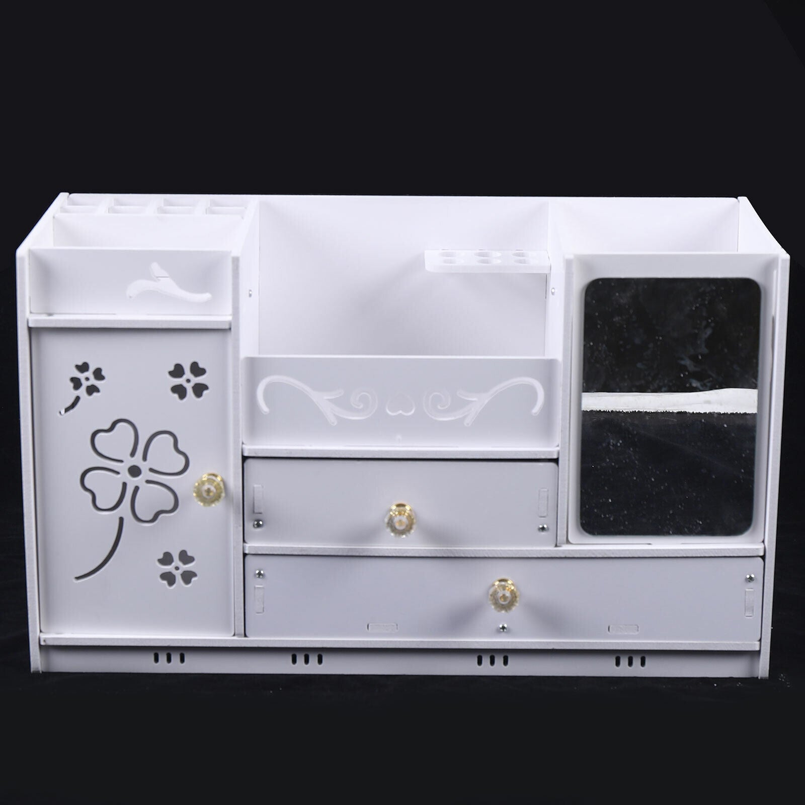 Organizator cosmetice si bijuterii cu sertare si Oglindă machiaj, PVC, alb