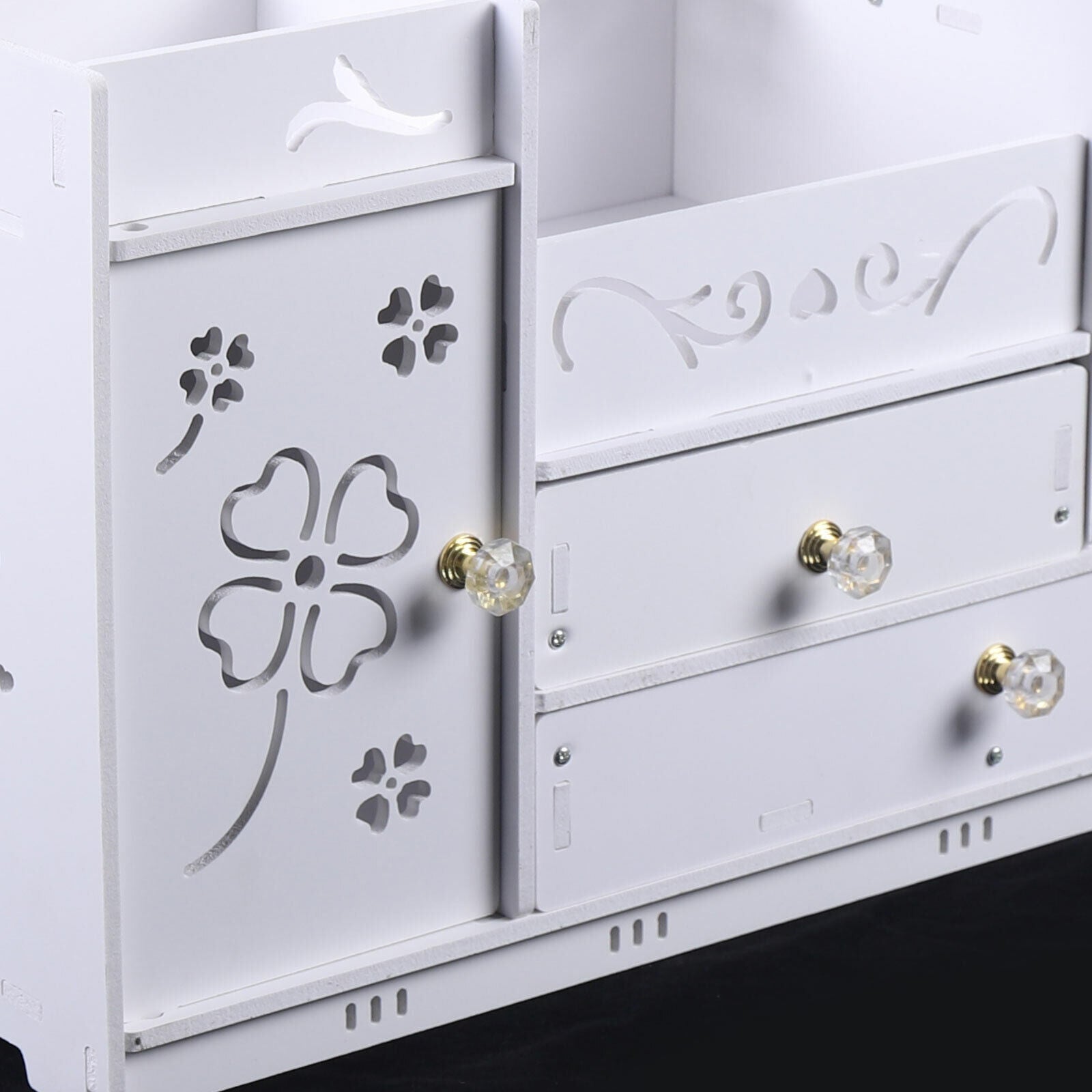 Organizator cosmetice si bijuterii cu sertare si Oglindă machiaj, PVC, alb
