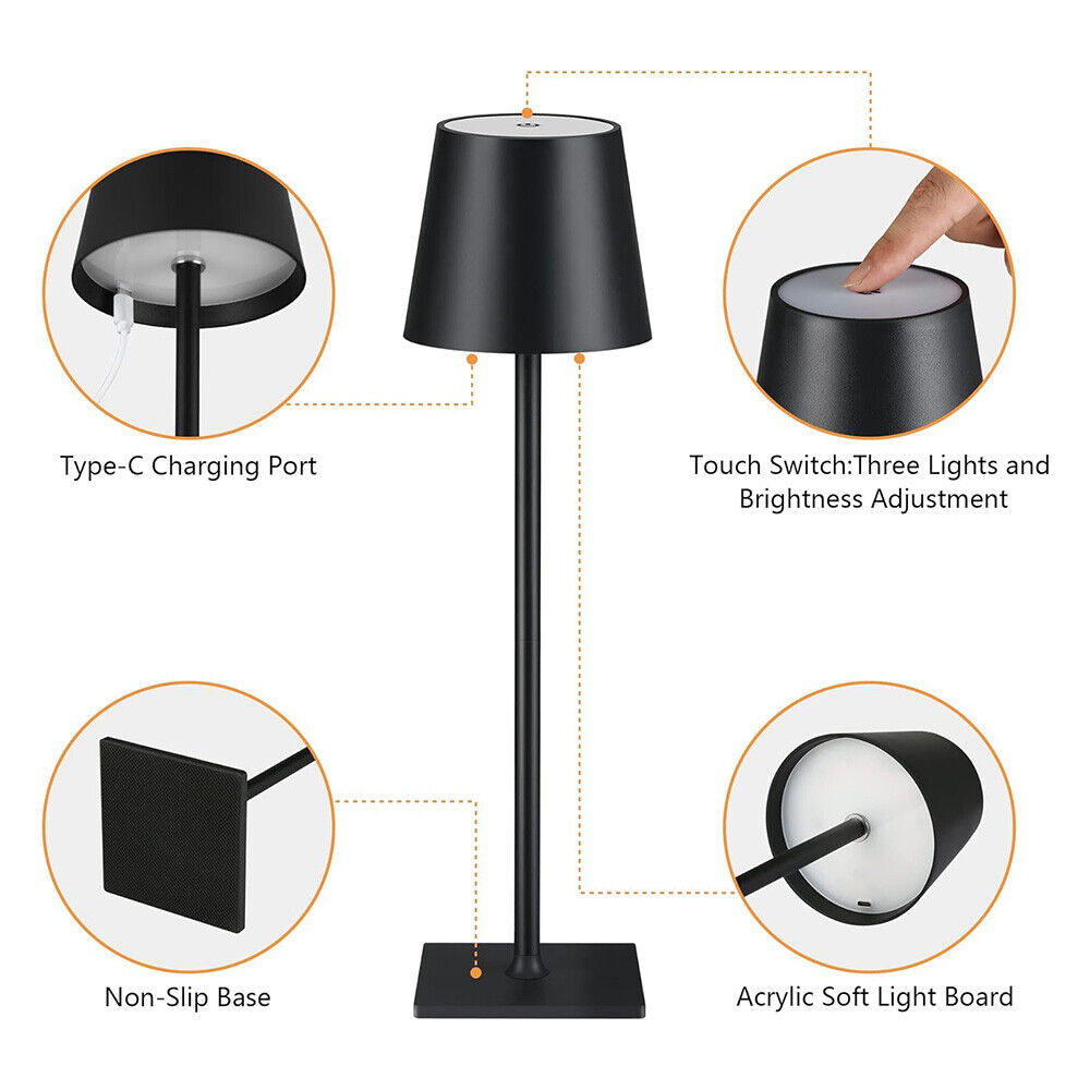 Lampă de masa wireless, metalica, cu touch, reincarcabila USB-C, 3 moduri iluminare, 3.5W