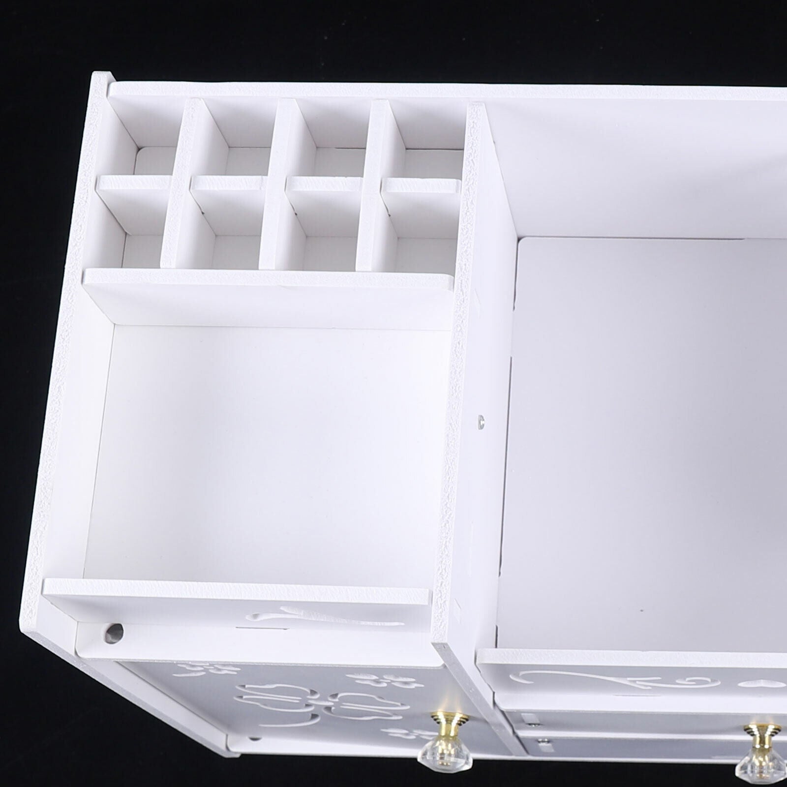 Organizator cosmetice si bijuterii cu sertare si Oglindă machiaj, PVC, alb
