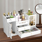 Organizator cosmetice si bijuterii cu sertare si Oglindă machiaj, PVC, alb