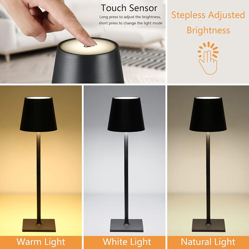 Lampă de masa wireless, metalica, cu touch, reincarcabila USB-C, 3 moduri iluminare, 3.5W