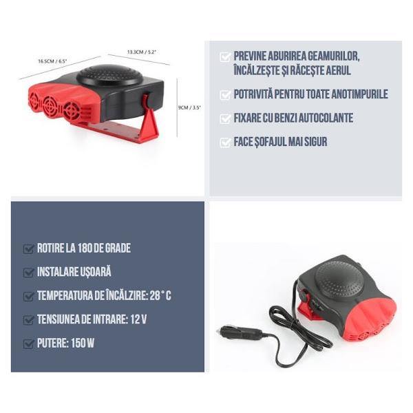 Aeroterma auto cu aer cald si rece, incalzire/dezaburire, 12V, 200W Imagine secundară a produsului