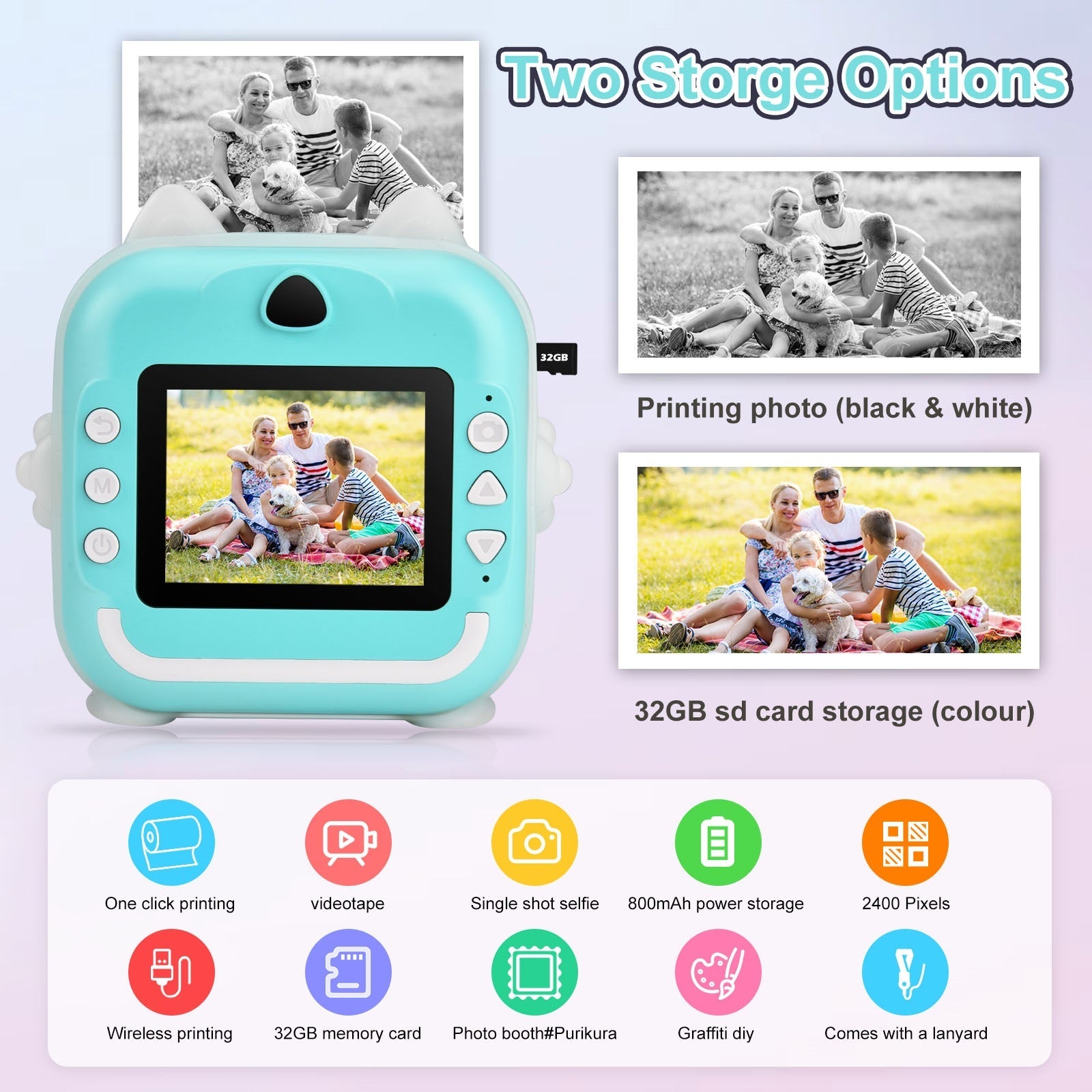 Aparat foto digital cu imprimare termica pentru copii, focalizare automata, display color de 2